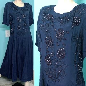 Vtg 90s Does 20s~Sarin NY~Navy Blue/Copper Beaded DropWaist Flapper Maxi Dress~L
